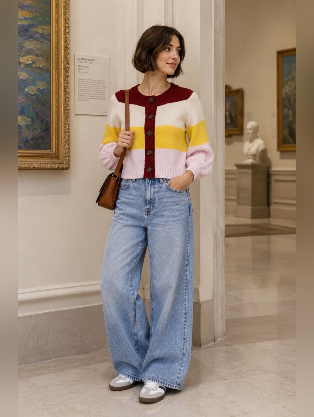 Wild Fable Color Block Cropped Bishop Sleeve Cardigan Cozy Preppy Women's S